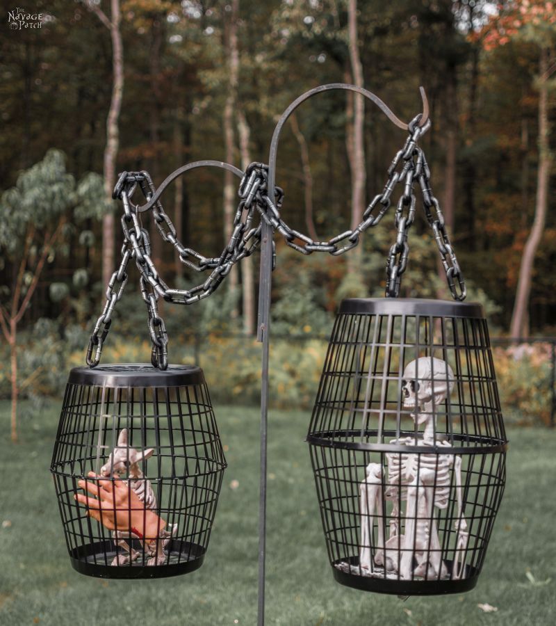 Hanging Cage Halloween Prop | DIY Halloween decor with Dollar store supplies | Dollar Store DIY Halloween prop | Upcycled and Repurposed Halloween decor |#TheNavagePatch #DollarStore #DollarTree #Upcycle #Repurposed #halloweendecorations #halloween #halloweenparty #easydiy #DIY | TheNavagePatch.com