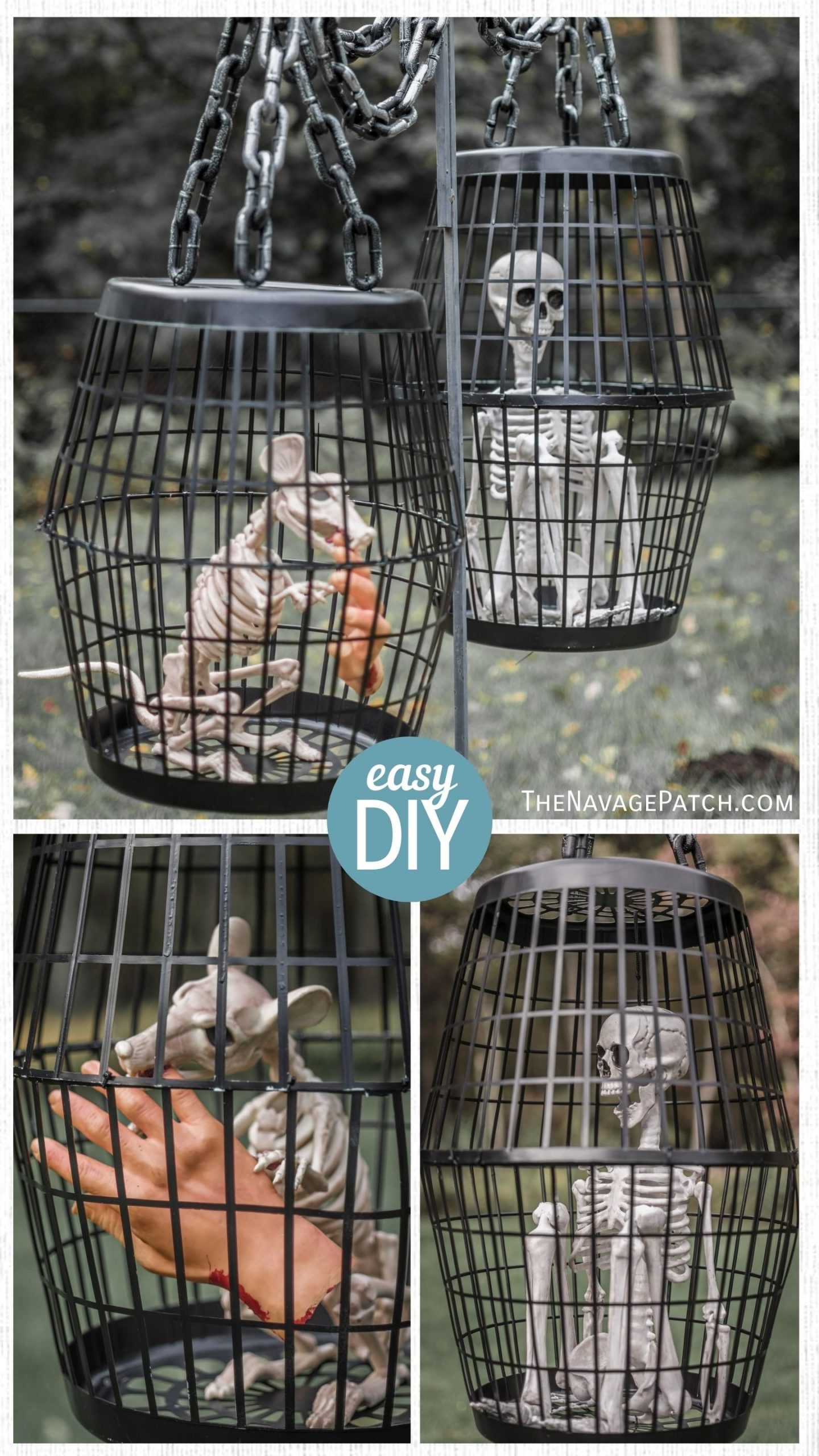 Hanging Cage Halloween Prop | DIY Halloween decor with Dollar store supplies | Dollar Store DIY Halloween prop | Upcycled and Repurposed Halloween decor |#TheNavagePatch #DollarStore #DollarTree #Upcycle #Repurposed #halloweendecorations #halloween #halloweenparty #easydiy #DIY | TheNavagePatch.com