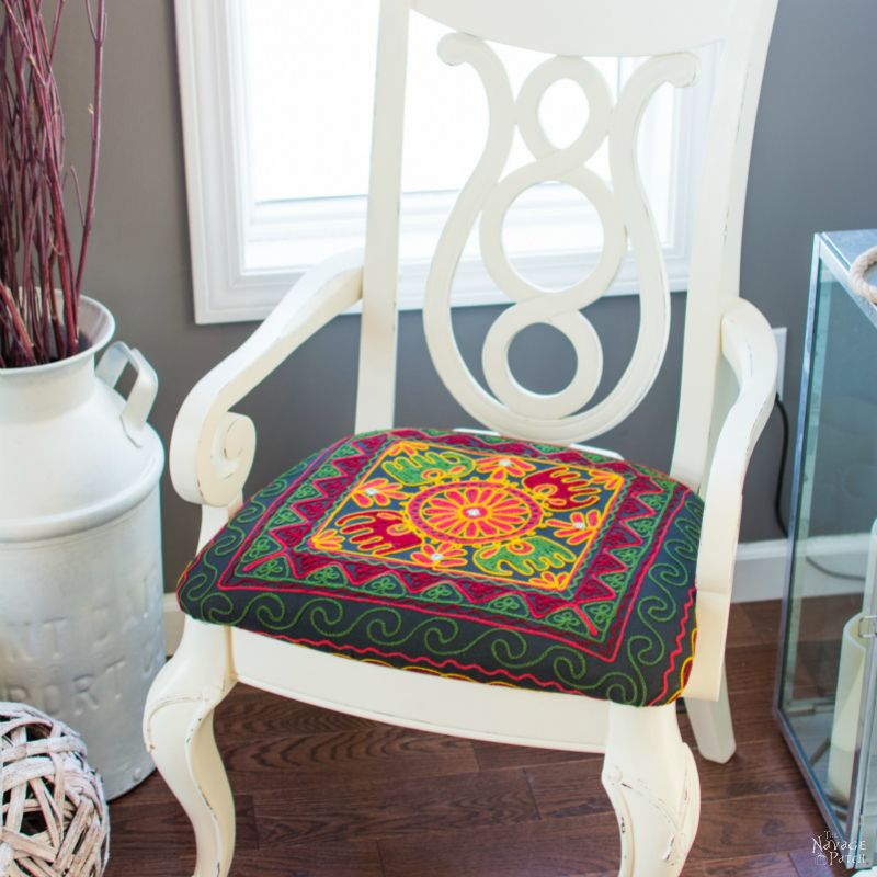 Accent chair makeover | Painted and reupholstered armchair | Homemade chalk paint | Boho style upholstery | How upholster with Indian tapestry | DIY painted and upholstered chair | Easy and budget-friendly DIY furniture makeover | DIY chalk paint recipe | Before & After | TheNavagePatch.com