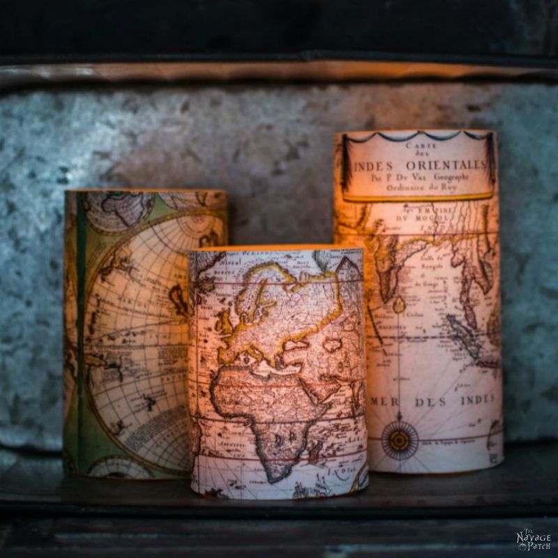 Antique World Map Decoupaged Candles | How to decoupage | How to use modpodge | Free printable old maps | Free printable decoupage paper | DIY nautical home decor | Step-by-step decoupage video tutorial | Modpodge video tutorial | #TheNavagePatch #Modpodge #freeprintable #tutorial #DIYhomedecor #DIY #diydecor #nautical #coastal #decoupage #candles #knockoff #maps | TheNavagePatch.com