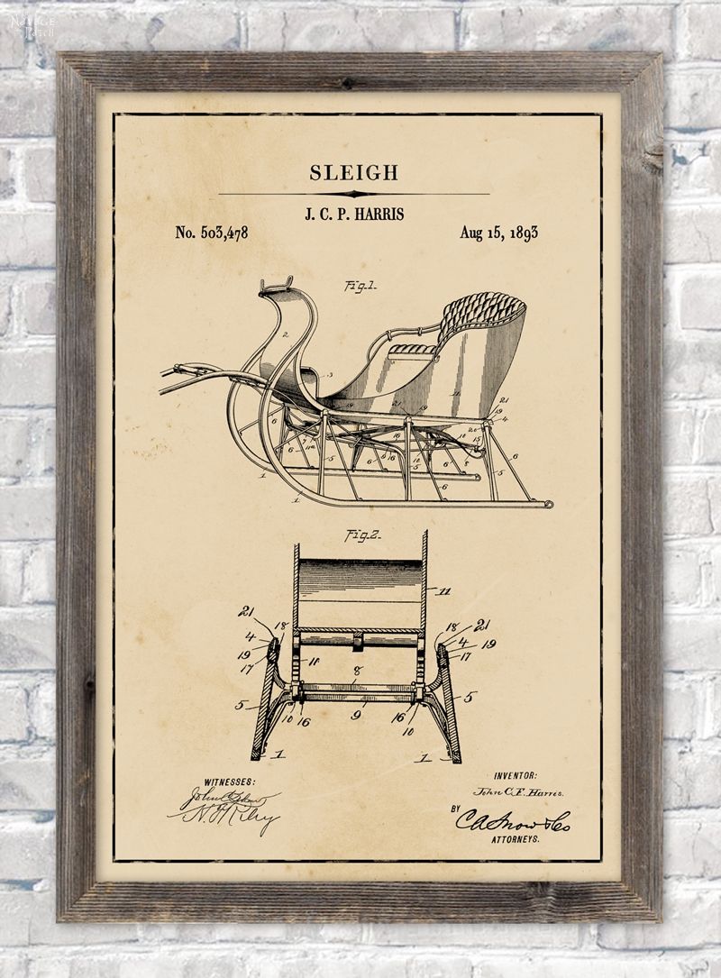 Christmas Patent Wall Art (and 18 free printables) | #FreePrintable #Christmas #Patent #WallArt | Easy and Budget Friendly Holiday Decoration| Beautiful DIY Christmas Gifts | #ChristmasFreePrintable | DIY Farmhouse Home Decor | DIY Industrial Style Home Decor | Santa and Sleigh Free Printables | TheNavagePatch.com