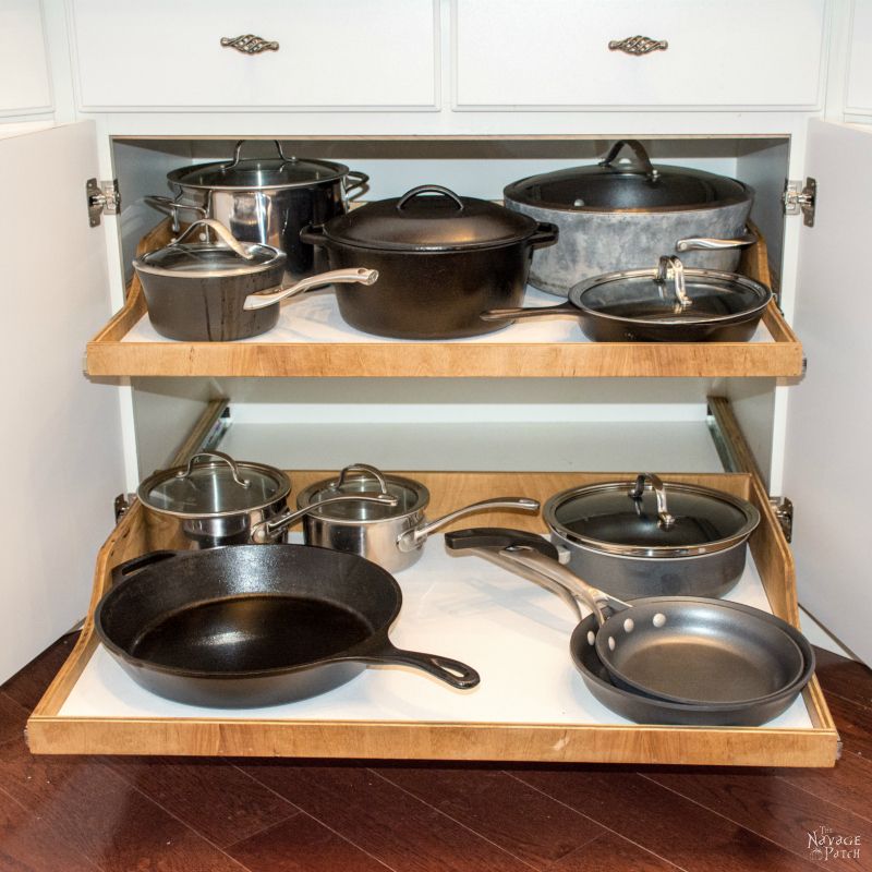 pots and pans on diy slide out shelves