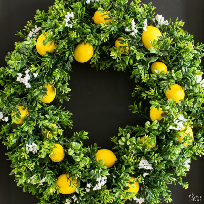 DIY Summer Lemon Wreath | Faux lemon and boxwood wreath with lemon scent | Wreath making tutorial | How to use your wreath as room freshener | How to make a room freshener with essential oils | DIY home decor | #TheNavagePatch #DIY #HomeDecor #Tutorial #Wreath | TheNavagePatch.com
