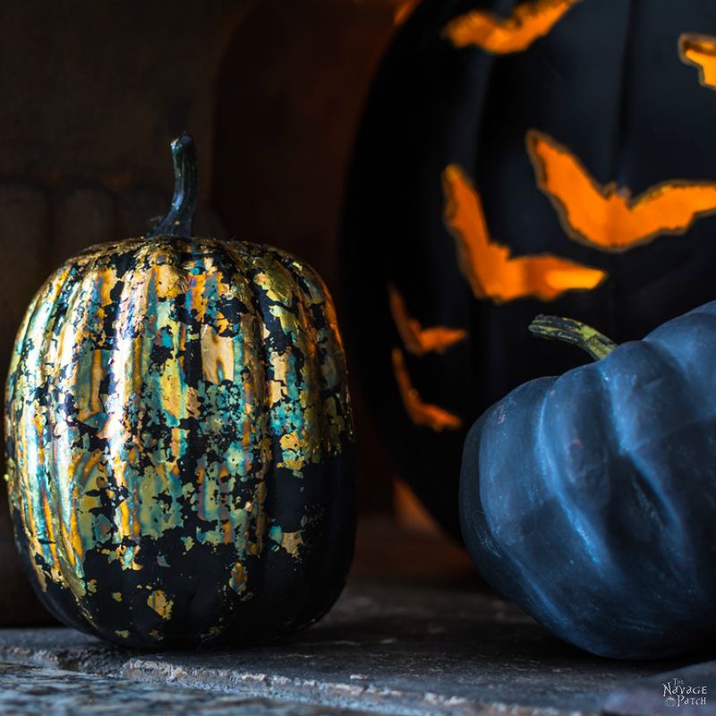 DIY Gilded Pumpkins | No-carve gilded Halloween pumpkins | How to gild | DIY Halloween and fall decoration | Pumpkin carving designs | Gilded Dollar Store pumpkins | DIY crackled copper patina gild pumpkins |#TheNavagePatch #DollarStore #DollarTree #easydiy #Falldecorideas #pumpkin #falldecor #diy #diypumpkin #Halloween #halloweendecor #pumpkineverything | TheNavagePatch.com