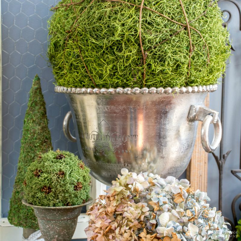DIY Moss Balls and Topiaries | DIY moss topiary and faux moss balls | How to make a topiary the easy way | DIY French Country style home decor | How to make a moss ball | Upcycled spring decoration | #TheNavagePatch #Upcycled #DIY #crafts #FrenchCountry #Farmhouse #Springdecor | TheNavagePatch.com