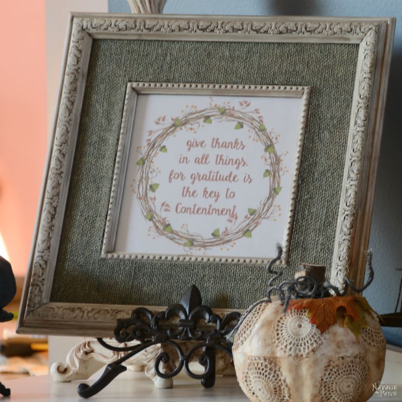 Plastic Frame Makeover {and Free Thanksgiving Printable} | DIY picture frame makeover | Painted and antiqued frame | Free Thanksgiving printable | DIY burlap picture frame mat | How to make a burlap picture frame mat | How to paint and distress plastic frames | Before & After | DIY home decor | TheNavagePatch.com
