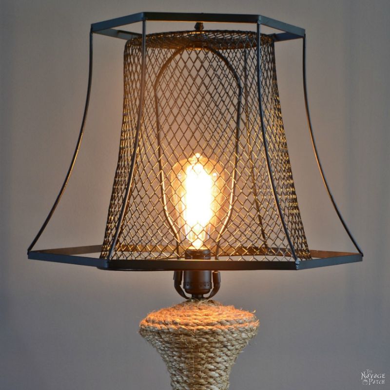 The Old Lamp Revamp | Industrial style DIY lamp makeover using Dollar Store trash can | Coastal style sisal rope wrapped table lamp | Edison bulb | Before & After | Indoor lighting | TheNavagePatch.com