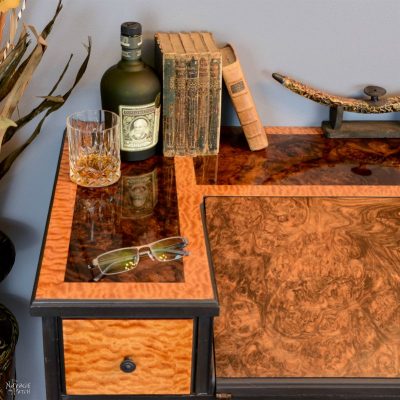 Veneer & Loathing | Antique desk makeover using exotic wood veneer and chalk paint | Diy veneer tutorial | How to apply veneer | How to replace veneer | Diy furniture makeover and woodworking | DIY Chalk Paint | Refurbished desk | Before & After | TheNavagePatch.com