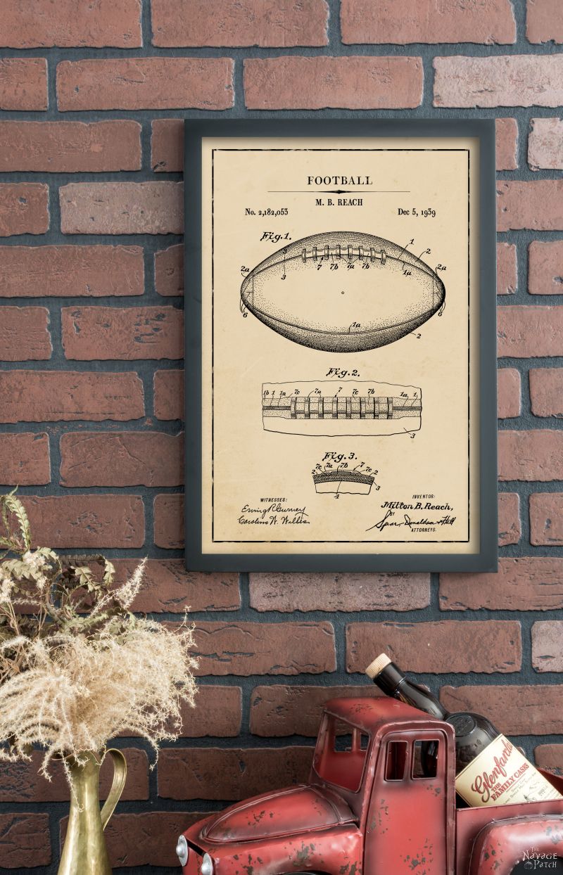 Vintage Football Patent Art Free Printables | Free Vintage Blueprints and patent drawings | Free DIY gift | Free Vintage Football Patent Posters | Free Vintage Blueprint and Diagrams | #TheNavagePatch #FreePrintable #Football #PatentArt #VintagePrintable #Blueprint #FreeArt #Oversize #WallArt #GalleryWall | Engineering print | DIY Industrial Style Home Decor | TheNavagePatch.com