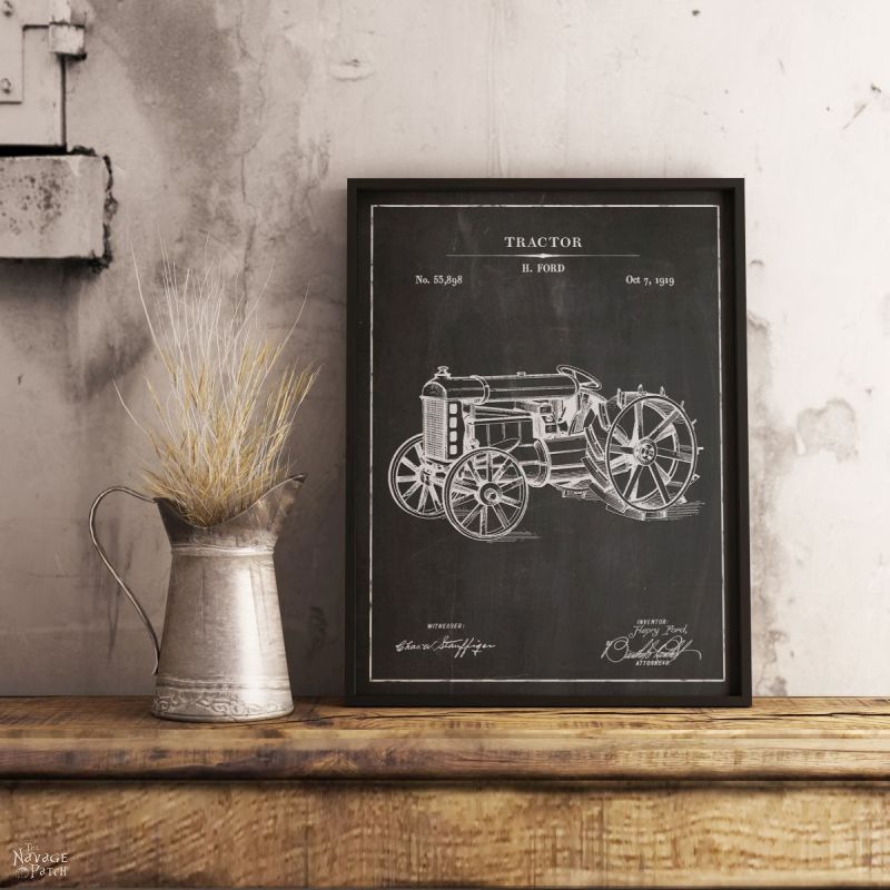 Tractor patent art in chalkboard background