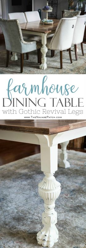 Farmhouse Dining Table with Gothic Revival Legs | DIY dining table tutorial | How to build a high-end farmhouse dining table on a budget | How to find budget friendly ornate table legs | DIY furniture makeover | Upcycled table legs | How to attach legs to a table | Before & After | Dining Room Makeover | #DIYFurniture #DiningRoom #Tutorial #Farmhouse | TheNavagePatch.com
