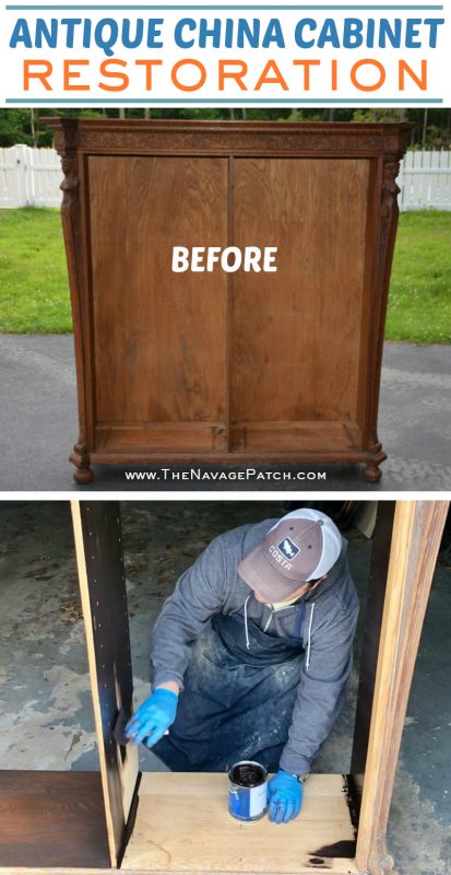 Antique China Cabinet Restoration | How to make glass cabinet doors | DIY cabinet doors | How to add lights to cabinets | How to use gel stain | How to build glass doors | General Finishes Gel Stain | How to restore antique furniture | Antique furniture restoration | Before & After | #TheNavagePatch #DIY #GelStain #Antiquefurniture #upcycling #restoration #furnituremakeover #glasscabinets #furnituremakeover | TheNavagePatch.com