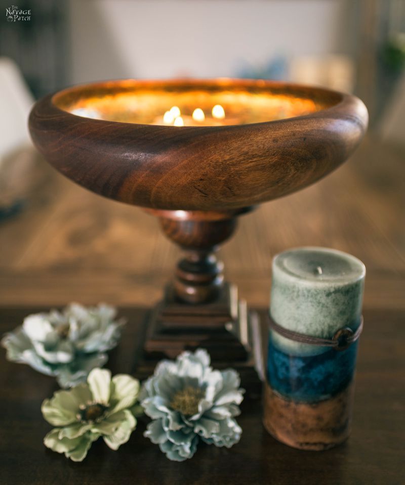 Gilded Bowl Centerpiece | DIY Centerpieces for home | Centerpiece ideas for tables | Floating candle centerpiece bowl | DIY crackled gilding | How to gild | Inexpensive DIY centerpieces | Table centerpieces | Upcycled spindle | Repurposed spindle | Spindle crafts | #TheNavagePatch #DIY #DIYHomedecor #Tablescapes #Centerpieces #Upcycling #Repurposed | TheNavagePatch.com
