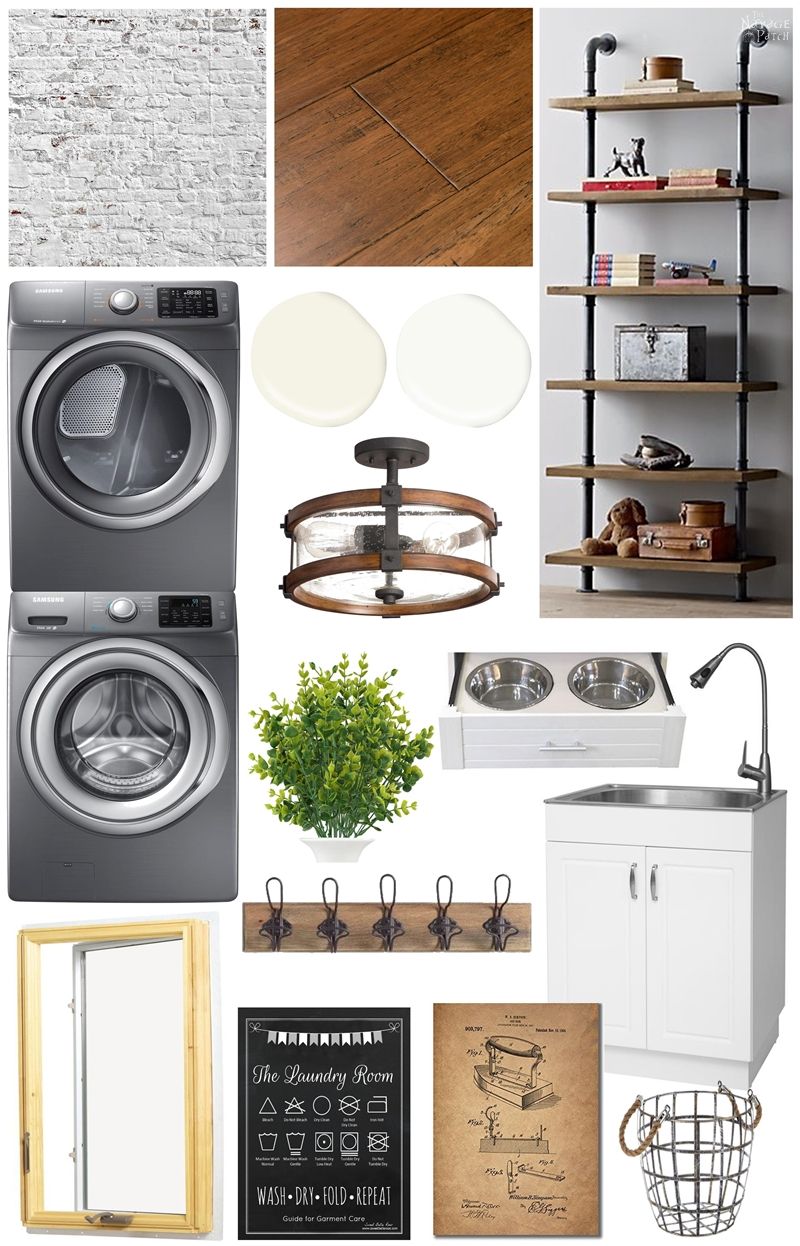 Laundry Room Renovation Plan | White brick walls, bamboo floors, wood and iron Laundry Room Moodboard | Modern Farmhouse and Industrial style Laundry Room moodboard | LVP flooring vs Bamboo flooring | How to choose Laundry Room flooring | Before & After | #Laundryroom #ModernFarmhouse | TheNavagePatch.com