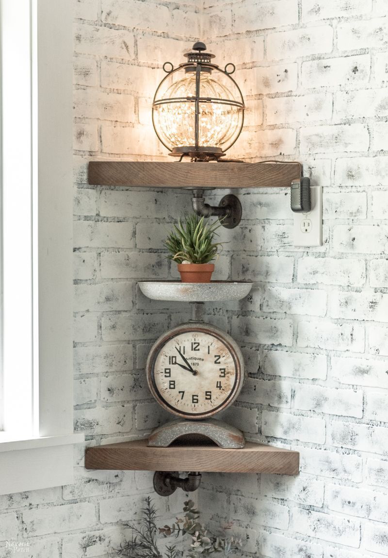 DIY Pipe Shelves | DIY industrial pipe shelves | How to get the weathered wood look | How to build pipe shelves | DIY pipe corner shelves | DIY industrial shelves | How to faux age wood using stain | #TheNavagePatch #DIY #Upcycled #diyfurniture #industrial #shelves #organization #easydiy #Laundry | TheNavagePatch.com