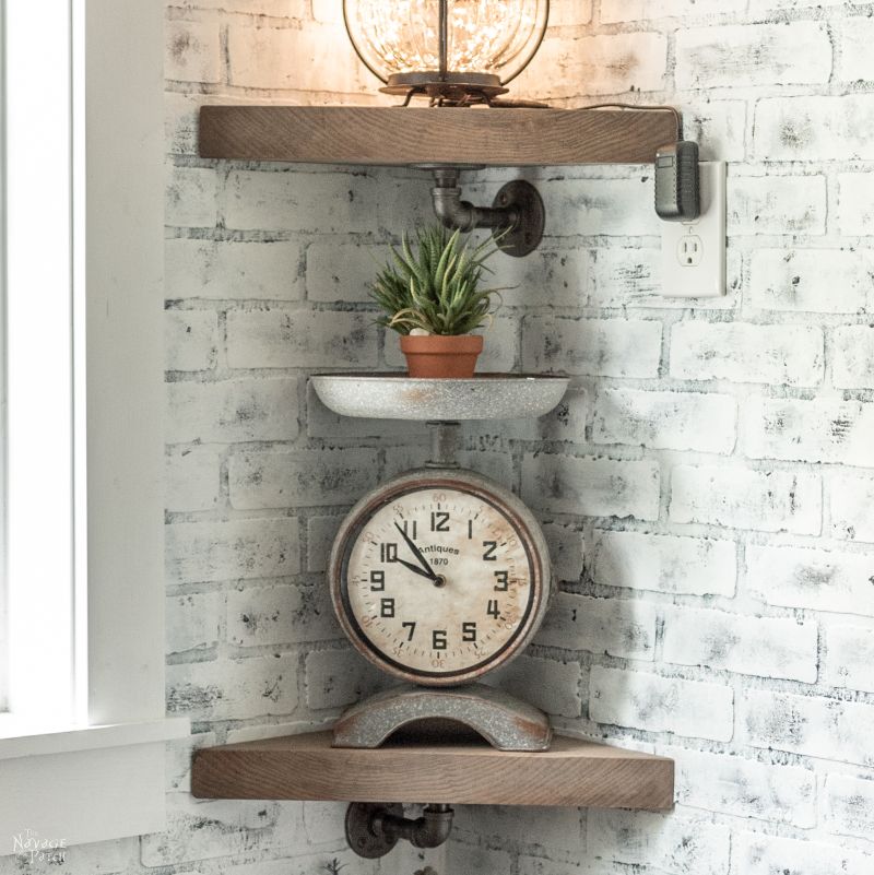 DIY Pipe Shelves | DIY industrial pipe shelves | How to get the weathered wood look | How to build pipe shelves | DIY pipe corner shelves | DIY industrial shelves | How to faux age wood using stain | #TheNavagePatch #DIY #Upcycled #diyfurniture #industrial #shelves #organization #easydiy #Laundry | TheNavagePatch.com