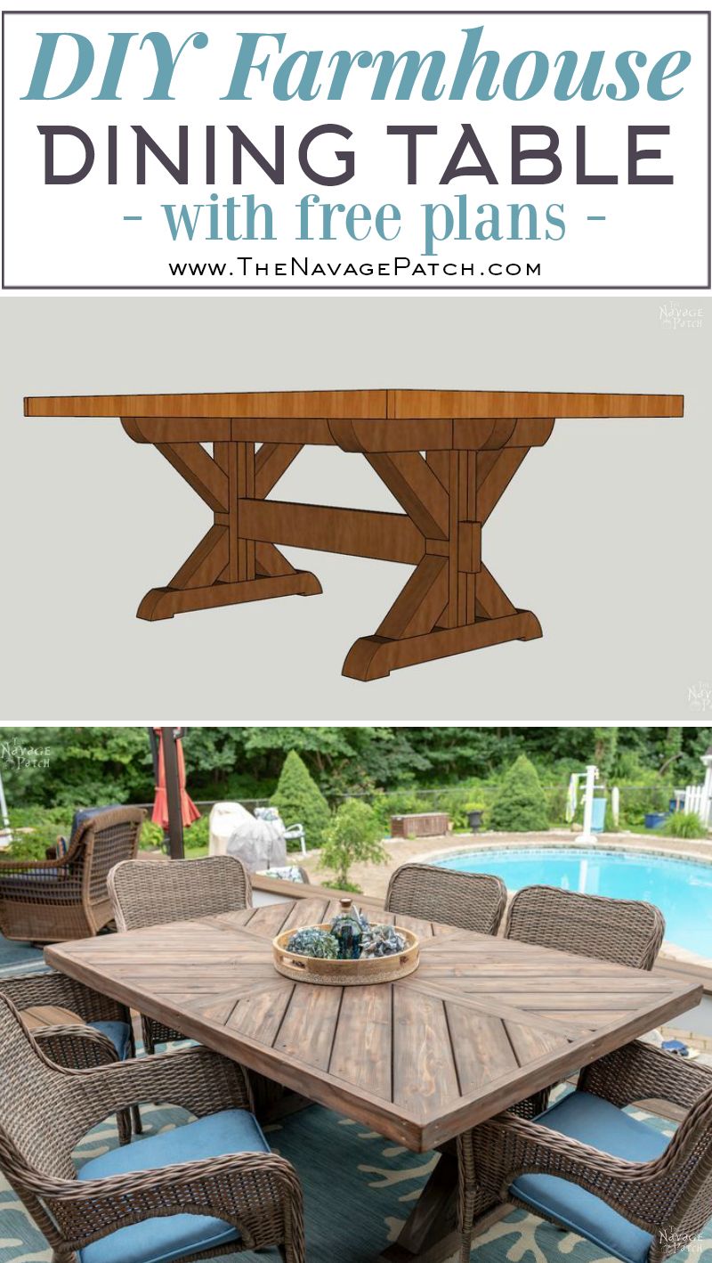DIY farmhouse table with herringbone table top | DIY trestle table with free plans| How to make a herringbone table top | How to get the weathered wood look with stain | How to build an outdoor dining table | DIY dining table with free plans | How to get the aged wood look with stain | #TheNavagePatch #diy #farmhouse #HowTo #diyfurniture #freeplans #myrustoleum | TheNavagePatch.com