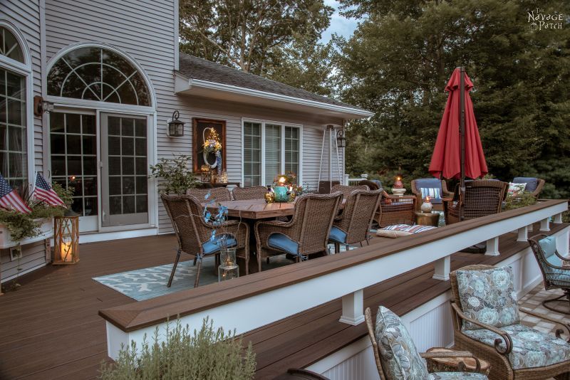 Deck Reveal | Deck decor ideas with source list | Trex Deck design ideas | How to choose a decking material | Composite deck vs pressure treated wooden decks | Trex Deck Vintage Lantern and Spiced Rum | #thenavagepatch #deck #outdoors #homedecor #diy #trex #trexdeck #deckdesign | TheNavagePatch.com