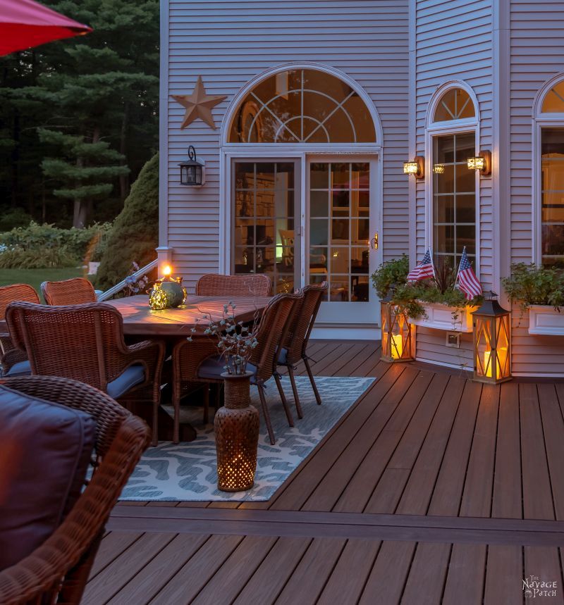 Deck Reveal | Deck decor ideas with source list | Trex Deck design ideas | How to choose a decking material | Composite deck vs pressure treated wooden decks | Trex Deck Vintage Lantern and Spiced Rum | #thenavagepatch #deck #outdoors #homedecor #diy #trex #trexdeck #deckdesign | TheNavagePatch.com