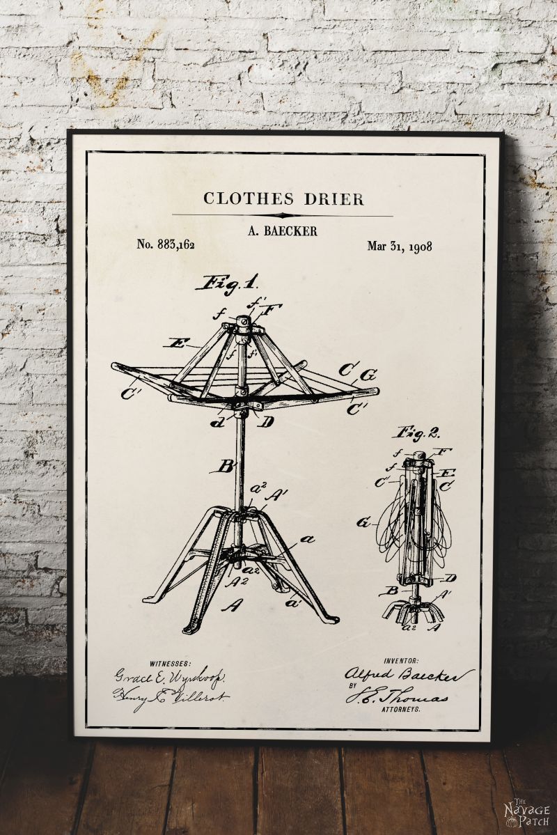 Laundry Room Vintage Patent Prints | Free Vintage Blueprints and patent drawings | Free Laundry Room Wall Art | Free Vintage Laundry Patent Posters | Free Vintage Blueprint and Diagrams | #TheNavagePatch #FreePrintable #Laundry #PatentArt #VintagePrintable #Blueprint #FreeArt #Oversize #WallArt #GalleryWall | Engineering print | DIY Industrial Style Home Decor | TheNavagePatch.com