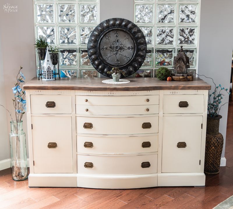 Vintage buffet makeover | How to paint a buffet table | How to build a buffet table top | Buffet table makeover with DIY chalk paint | Painted buffet cabinet before and after | Painted Buffet Ideas | Buffet Table Ideas | Annie Sloan old white | #TheNavagePatch #diy #paintedfurniture #chalkpaint #diningroom #diyfurniture #HowTo #Tutorial #upcycled #furnituremakeover | TheNavagePatch.com