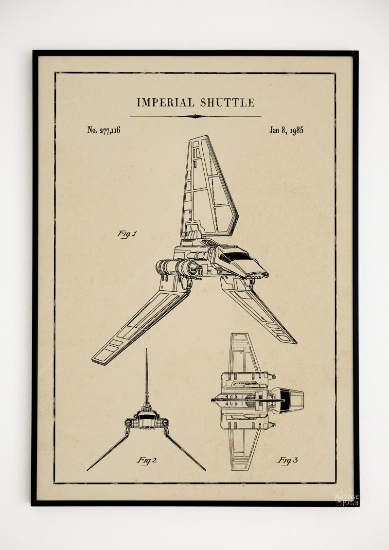 Free Printable Star Wars Blueprints | Free Star Wars printables | Star Wars free vintage blueprint posters | Free DIY Star Wars gift | Millennium Falcon, TIE Fighter, At At Walker, Snowspeeder, Imperial Shuttle, Slave 1, TIE Bomber, X Wing Starfighter Posters | Free printable gift for Star Wars fans | #TheNavagePatch #FreePrintable #Starwars #Blueprint #VintagePrintable #PatentArt #FreeArt #Oversize #Freeposters #GalleryWall #industrial | TheNavagePatch.com