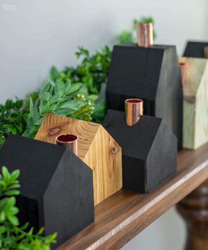 DIY Wood House Candle Holders | DIY Christmas village candle holders | Upcycled copper pipes | How to create a modern Christmas village | #TheNavagePatch #easydiy #Christmas #Upcycled #DIY #Holidaydecor #DIYChristmas #Christmascrafts # Christmasvillage #Christmaslights #DIYHomedecor #Holidays | TheNavagePatch.com