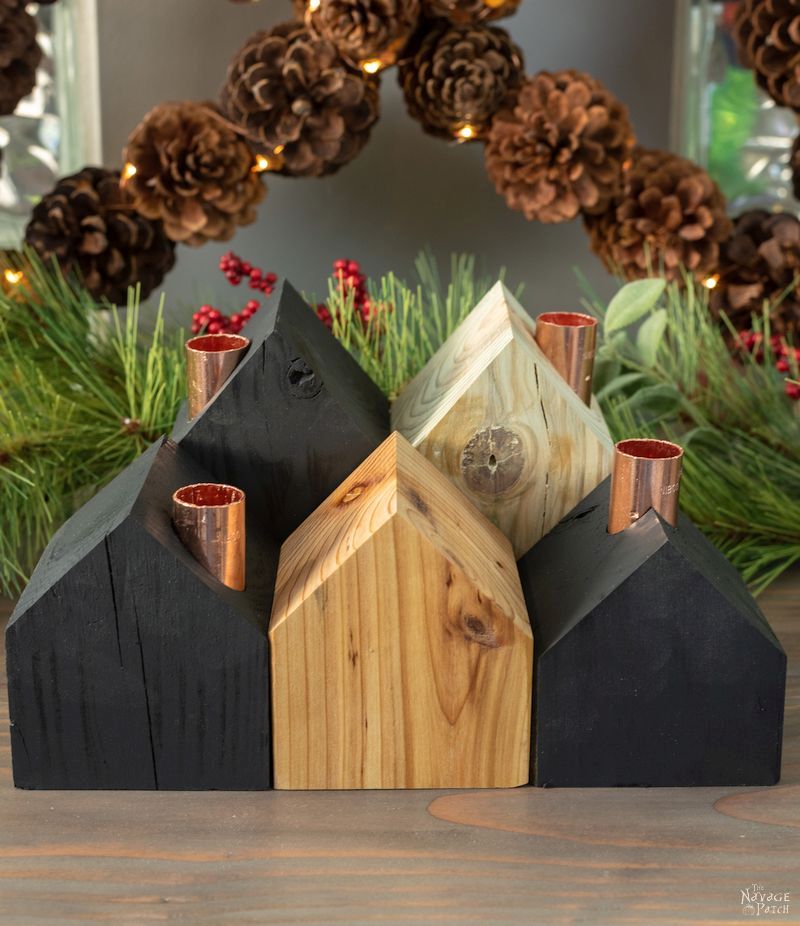 DIY Wood House Candle Holders | DIY Christmas village candle holders | Upcycled copper pipes | How to create a modern Christmas village | #TheNavagePatch #easydiy #Christmas #Upcycled #DIY #Holidaydecor #DIYChristmas #Christmascrafts # Christmasvillage #Christmaslights #DIYHomedecor #Holidays | TheNavagePatch.com