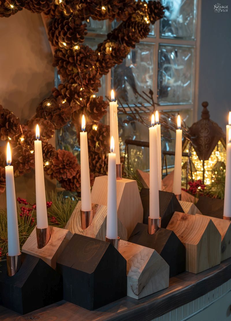 DIY Wood House Candle Holders | DIY Christmas village candle holders | Upcycled copper pipes | How to create a modern Christmas village | #TheNavagePatch #easydiy #Christmas #Upcycled #DIY #Holidaydecor #DIYChristmas #Christmascrafts # Christmasvillage #Christmaslights #DIYHomedecor #Holidays | TheNavagePatch.com