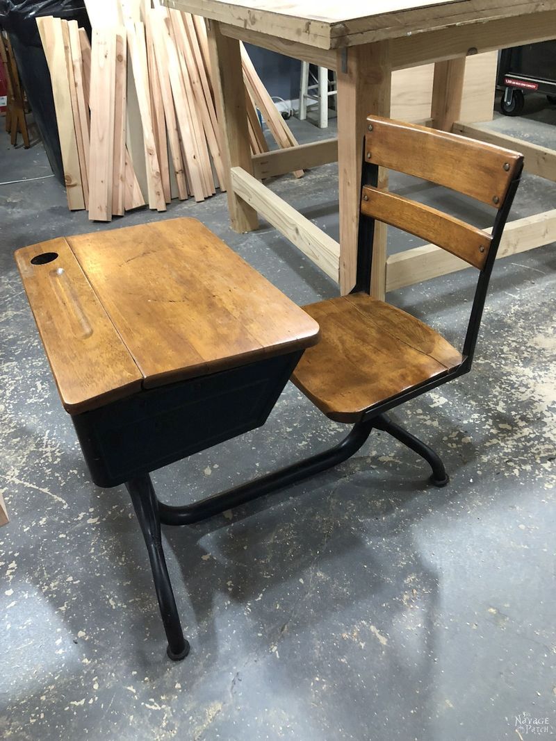 Vintage School Desk Makeover | How to restore an old desk | How to fix blotchy stain | How to restore vintage furniture | How to prevent blotchy stain | The best pre-stain conditioner | How to stain vintage furniture | #TheNavagePatch #furnituremakover #VintageFurniture #diy #WoodConditioner #WoodStain #HowTo #farmhouse #paintedfurniture | TheNavagePatch.com