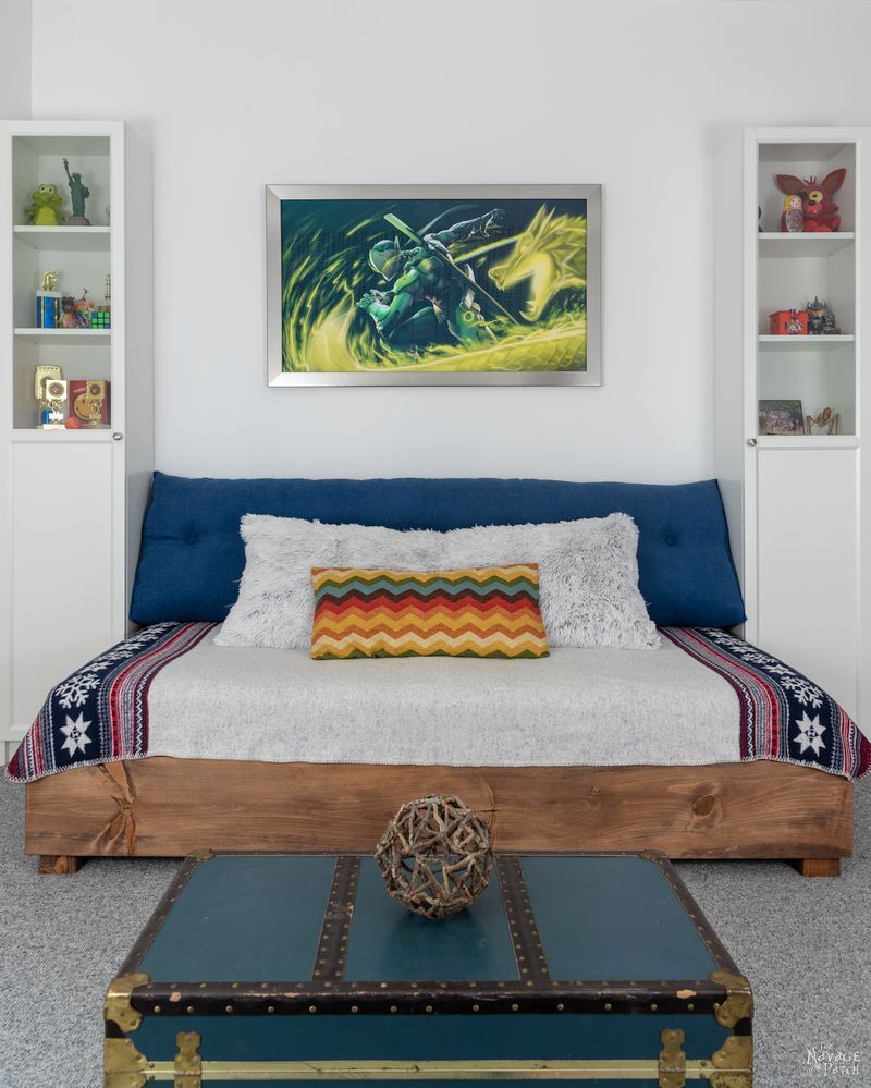 front view of diy daybed with two bookcases