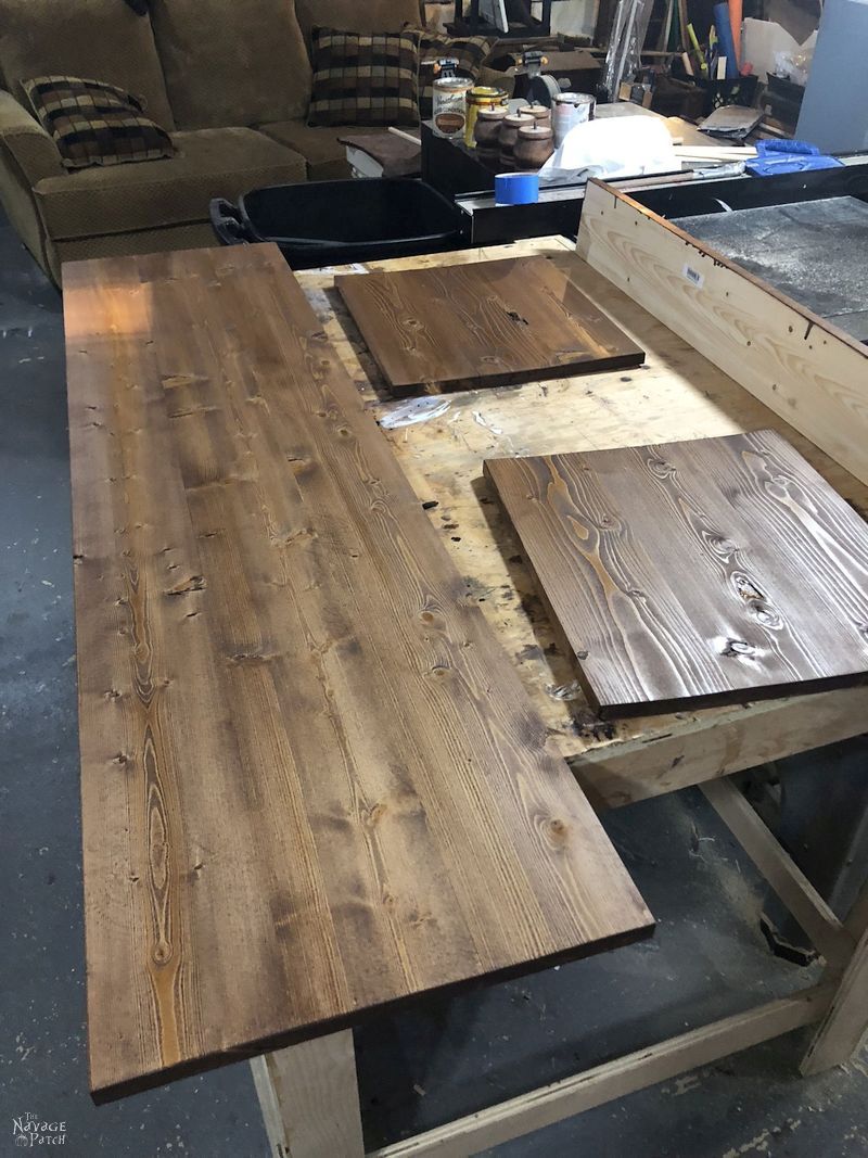 stained boards on a workbench