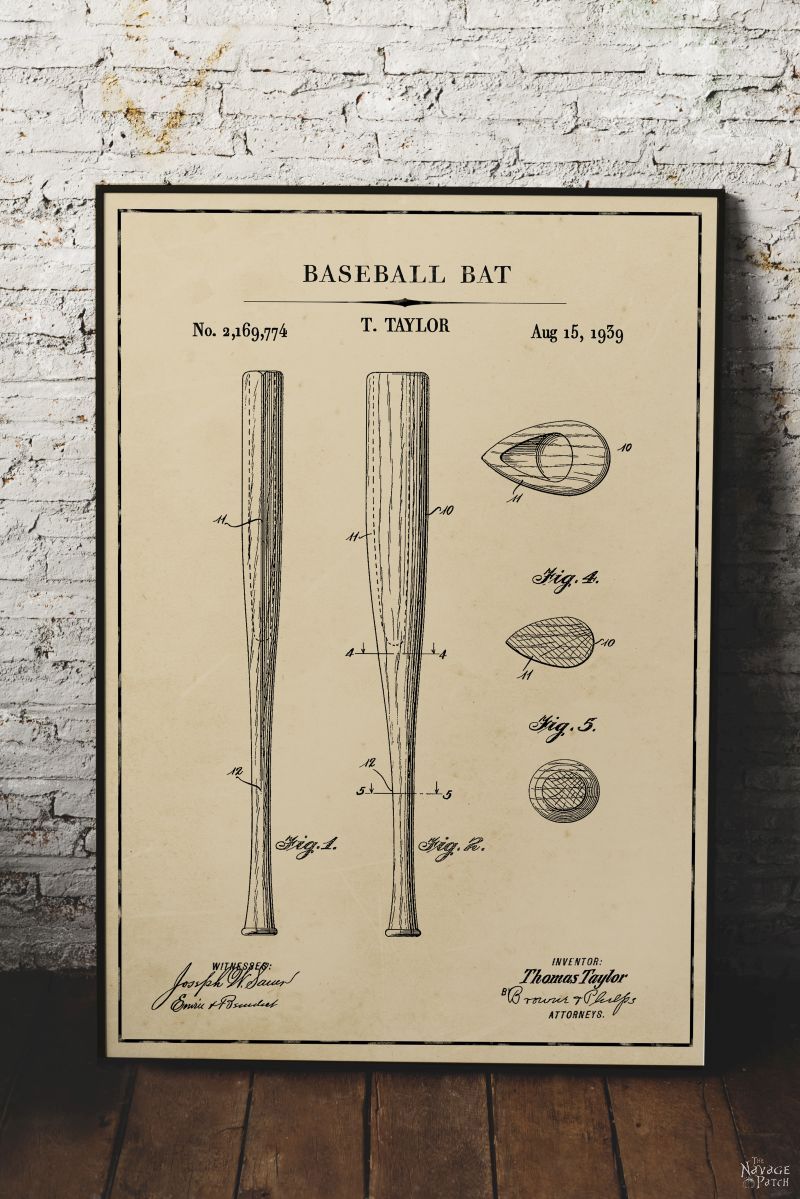 Free Printable Baseball Patent Art - Baseball Bat