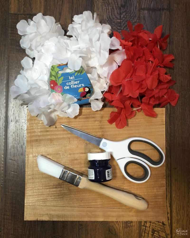 thin pine, paint brush, scissors, paint and red and white leis