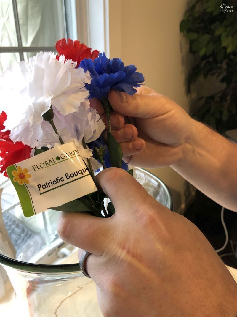 red, white and blue faux flower bouquet