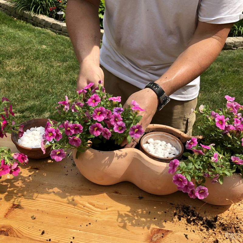 planting pink flowers in a clay pot