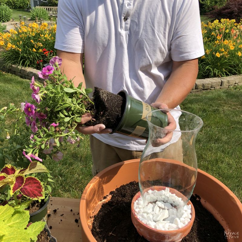 filling a large flower pot with annual flowers