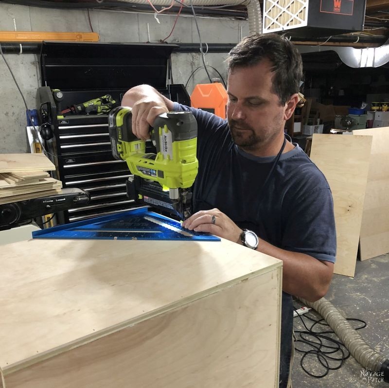 using brad nails to build a plywood box for a diy storage tower / industrial bookshelf