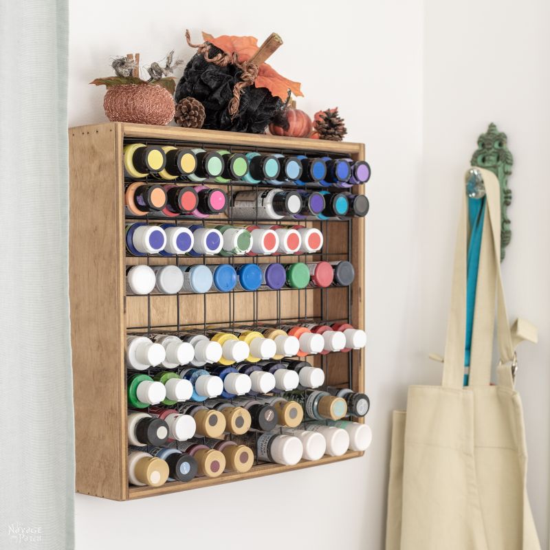 DIY Craft Paint Storage Rack from scrap wood and wire shelves