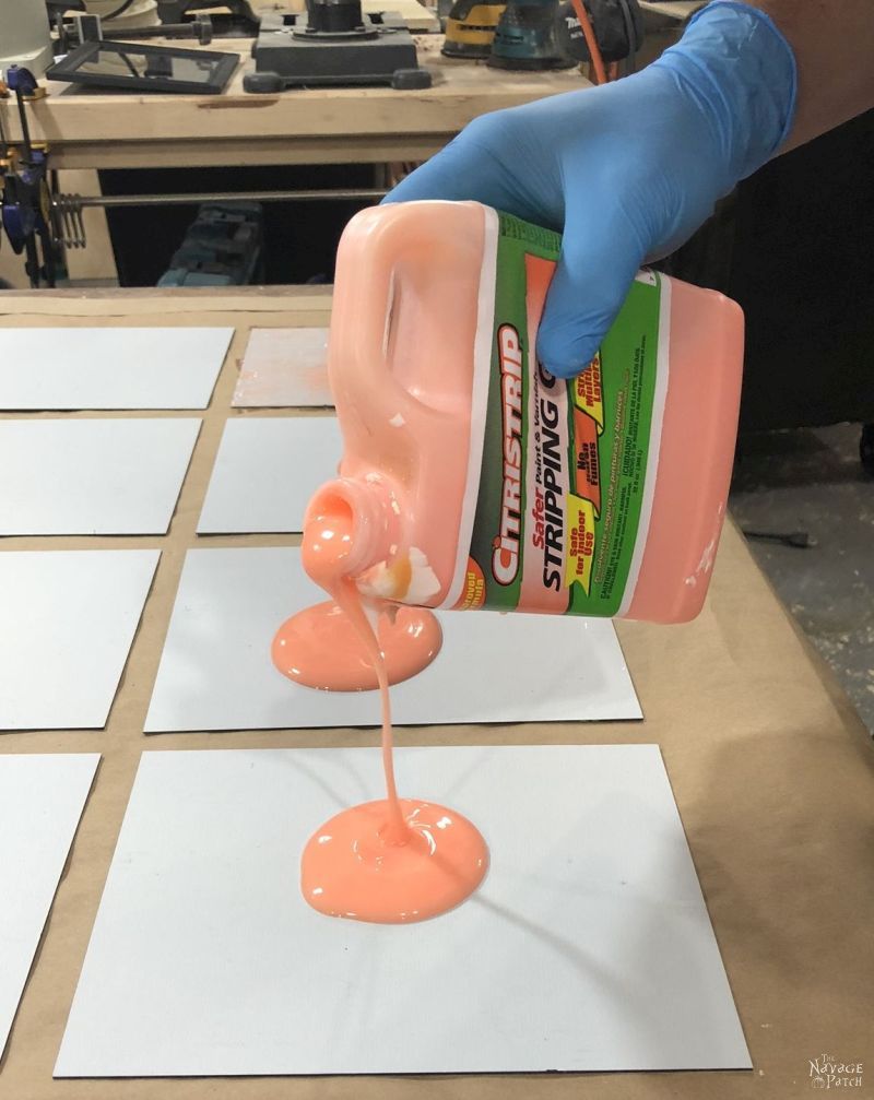 pouring stripping gel onto mirror backs