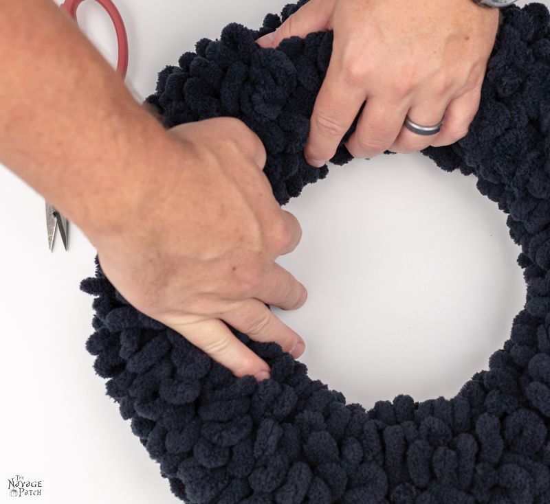 pinning loop yarn to a wreath form