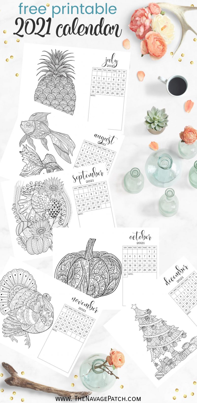 Free Printable Adult Coloring Page Calendar by TheNavagePatch.com